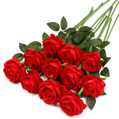 Tifuly Red Fake Roses Artificial Flowers - 10 Pcs Fake Artificial Red Roses Silk Flowers with Stems for Home Wedding Hotel Office Centerpiece Decor