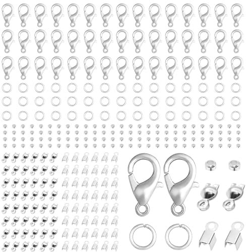 VEGCOO 1340 Pcs Jewellery Clasps Set, Lobster Clasps, Jump Rings, Crimp Ends, Chain Extender, Round Beads, for Necklace Bracelet Ankle Making DIY Craft (Silver)