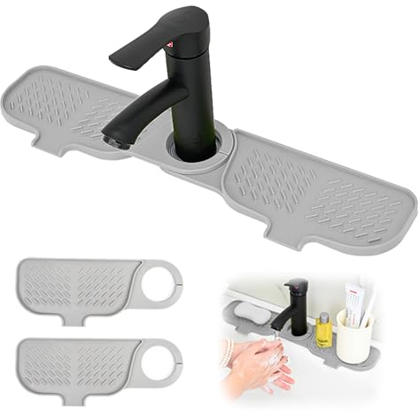 xiruiubao Alfombrilla Silicona Grifo, Empalmado Grande Tapete para Grifo Atrapador de Salpicaduras, Alfombrilla Fregadero para Mantener Secas Las Encimeras Baño y Cocina, 42 x 10 cm, Gris