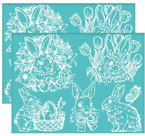 OLYCRAFT 2 Stück 28x22cm Osterhase Selbstklebende Siebdruckschablone Kaninchen mit Blumen Siebdruckschablone Blumenkorb Mesh Schablonen Transfer für DIY T-Shirt Stoffmalerei