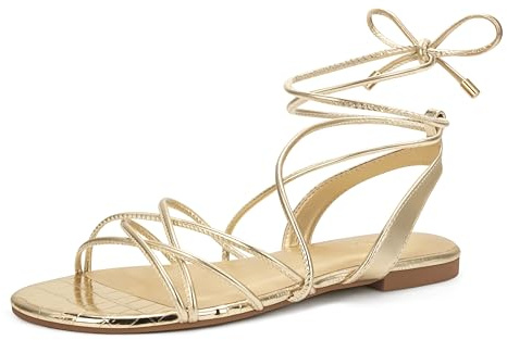 PARTY Women's Strappy Sandals Gladiator Lace Up Flats Summer Wrap Open Toe Tie Up Shoes, Gold, 8