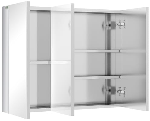kleankin Spiegelschrank, Badezimmerschrank mit 5 Ablagen, Badschrank mit 3 Glastüren, Aufbewahrungsschrank, Hängeschrank, Wandschrank, Edelstahl, 70 x 12 x 55 cm, Silber