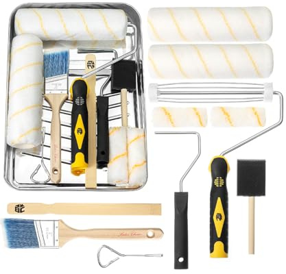Bates- Paint Roller Kit, Paint Roller Set with Frame, 11 pcs Kit with 10 cm & 23 cm Microfiber Sleeves, Trays & Covers for Walls, Cabinets, Interior & Exterior House Painting Supplies