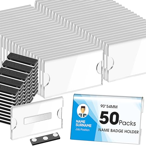 Faccito Magnet Namensschild Halter 90 x 54 mm Horizontaler Ausweishalter für Kleidung DIY Magnetische ID Kartenhalter Klares Acrylschild Anzeigehalter Druckbares Namensschild für Schule (50 Stück)