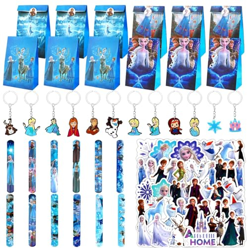 Powmag 86Pcs Bomboniere per Feste, Regalo di Compleanno Fro-zen, Gadget Compleanno Bambino, Sacchetto Regalo Compleanno, Portachiavi, Adesivi, Braccialetti Bambini, per Bambini