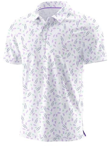 QIXING Summer Mens Golf Polo Shirts Moisture Wicking Printed Short Sleeve Quick Dry Polo T Shirts for Men Casual Golf Tops (White Transfusion, XXL)