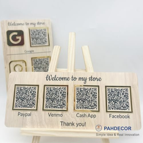 Pahdecor Letrero de madera personalizado con código Qr de Venmo Instagram, letrero personalizado de Paypal en efectivo con aplicación de pago, pequeña placa emergente de reseña, empresa, belleza,