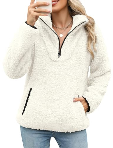 Tuopuda Pullover Damen Sweatshirt Herbst Winter Flauschig Pulli Fleece Weich Langarmshirt mit 1/4 Zip Taschen Langarm Locker Oberteile Tops Shirts Winterpullover ohne Kapuze