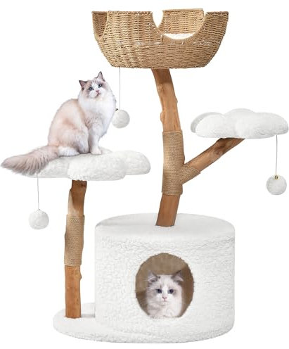 Modern Cat Tree Tower for Large Cats with Seasonal Universal Mat, Wood Cat Tree Indoor Use, Real Branch Luxury Cat Condo with Scratching Tree, Hiding Enclosure for Cat, Warm White