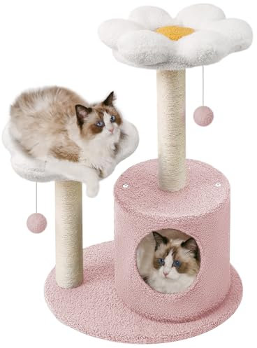 GreenPetopia Pink Flower Cat Tree with Sisal Scratching Post, Small Cat Tower with 2 Flower Perch, 31.5 Cat Tree for Indoor Cats