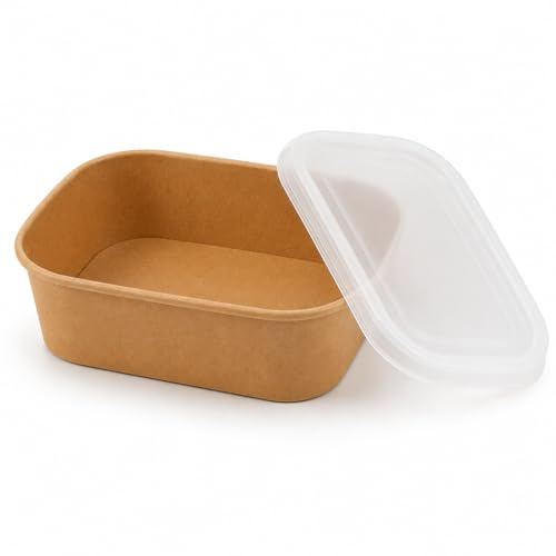 Arredo Chef – Lot de 50 Barquettes Kraft Alimentaires Rectangulaires 1000 ml Couvercles en PP – Boîtes Repas Carton Épais 320g Anti-Graisse pour Vente à Emporter, Salades, Poké, Traiteur