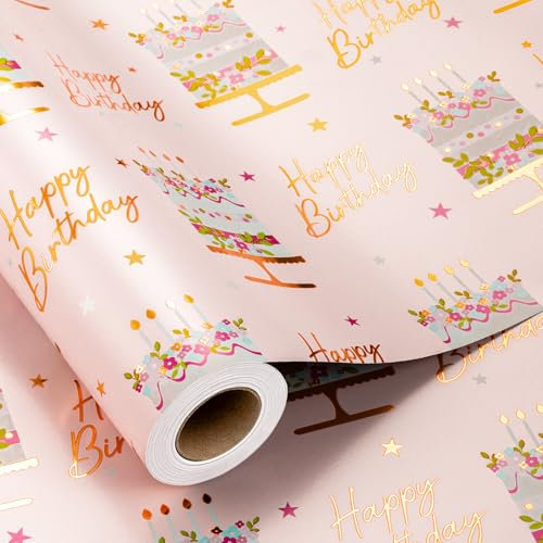 Wikadlik Geschenkpapier für Geburtstagskuchen, goldfarben, romantisches Geschenkpapier, Rolle für Hochzeit, Brautparty, Urlaub, 43 cm x 10 m
