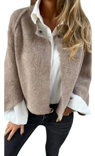 Damenmantel aus Wolle mit Rundhalsausschnitt und Langen Ärmeln, weiche, warme Strickjacke aus Kaschmir, kurzer Mantel aus Wollmischung für Damen (Small,Khaki)