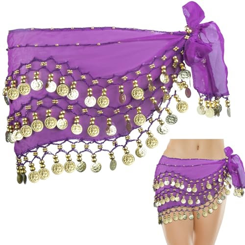 Bauchtanz Hüfttuch, Bauchtanz Kostüm Damen mit 128 Gold Münzen, Chiffon Tanztuch Bauchtanz Gürtel Rock, Yoga Belly Dance Costume