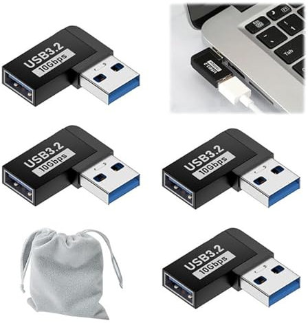 AOUZOVLI 4 Stück USB Winkelstecker 90 Grad USB Winkelstecker 90 Grad Adapter 3.2 Winkel Adapter,Geeignet für Pc Laptop Autoladegerät Vorwärts+Rückwärts,mit 1 Aufbewahrungstasche