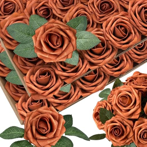 50 pièces Fleurs Artificielles Orange Brûlé Mousse Fausses Roses avec Tiges 12 Feuilles Aspect Réaliste Fausses Roses Terre Cuite pour Bouquets de Mariage Douche Nuptiale Centres de Table Arrangements