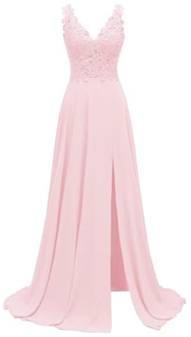 KURFACE Robe de mère de la mariée en mousseline de soie avec appliques en dentelle pour mariage sans manches longue formelle robe de demoiselle d'honneur, rose, 34