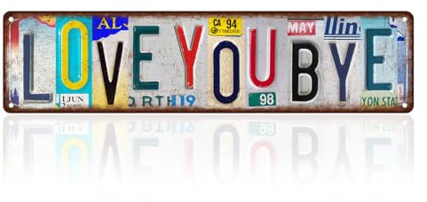 Love You Bye Sign Vintage Metal Collage Love You Bye Above Door Sign with 4 Hanging Holes for Hallway Entryway Living Room Door Bar Coffee 16 X 4 Inches