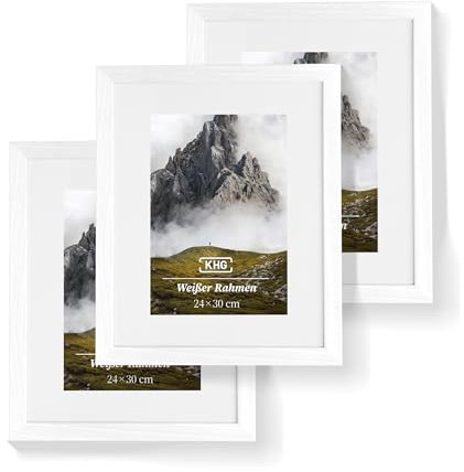 KHG Premium-Bilderrahmen 3er-Set 24x30 cm weiß, stabile Glasfront, Poster | hochwertiges Passepartout & MDF-Holzrahmen für Fotos, Zertifikate & Collagen, vielseitig einsetzbar, für Zuhause