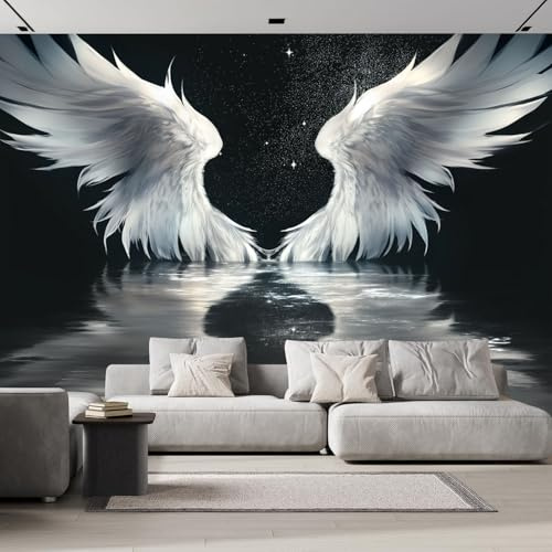 Fototapete 3D Effekt Engelsflügel Tapete Wasserreflexion Fototapeten Tapeten 350x250cm Seidenstoff Wandtapete Wand Schlafzimmer Wohnzimmer Wand tapete