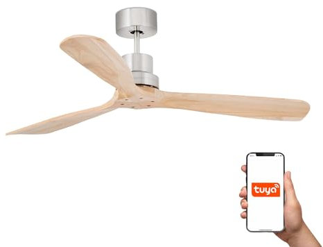 Faro Lantau Grand ventilateur de plafond à 3 pales, nickel satiné, pin, système intelligent Tuya