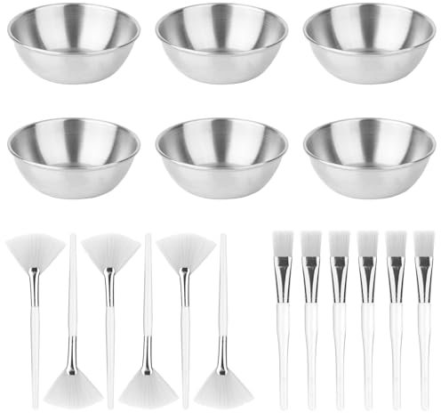 18pcs Esthetician Facial Supplies Set, Including 6 Gold Stainless Steel Bowls, 6 Fan Brushes & 6 Flat Brushes Face Mask Applicator Facial Mask Mixing Bowl Set Essential Tool for Women Spa (Silver)