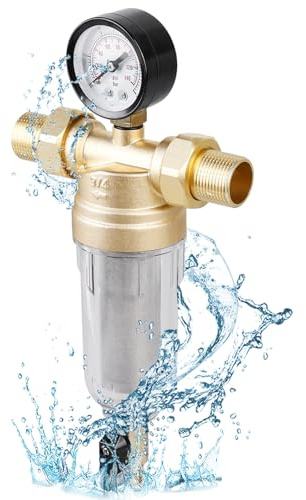 WIYETY Rückspülfilter Wasserfilter: 1 Zoll Druckminderer Wasser, Wiederverwendbare Wasser Vorfilter Sedimentwasserfilter mit Manometer, 40 μm, 6T/H