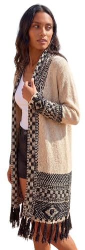 Roman Originals Women Cardigan - Ladies Longline Coatigan Tassel Open Front Cardi Winter Autumn Casual Textured Edge to Edge Yarn Patterned Comfy Work Going Out - Ivory - Size 20