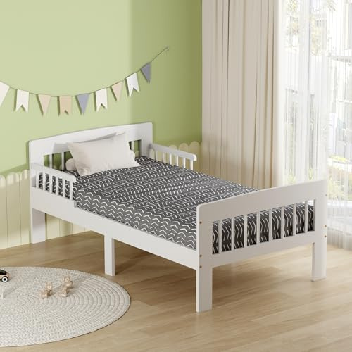 AVC Designs Junior Wooden Bed Toddler Solid Pine Wood Modern Children Kids Junior Bed Frame White