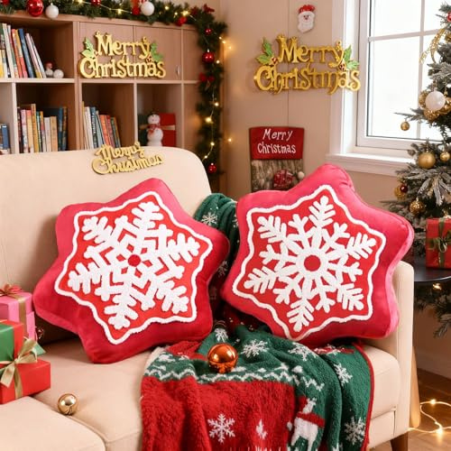 Lanpn 2 Stück Weihnachtskissen, Schneeflocke Kissen Dekokissen Zierkissen für Geschenk Party Bett Sofa Couch Innenbereich Weihnachtsdeko (Rot, 44x44cm)