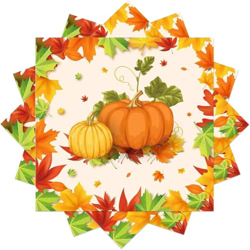 20 Stück Servietten Herbst, Tischdeko Herbstservietten, 33X33cm Kürbis Ahornblätter Napkins, Halloween Servietten, Servietten Herbstmotiv, für Herbst Halloween Geburtstag Hochzeit Thanksgiving Deko