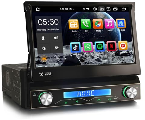 Erisin 8-Kern 4GB+64GB Android 14 1 Din Autoradio Einziehbarer GPS Navi, 7 Zoll HD IPS Touchscreen Integriertes Wireless CarPlay Android Auto Bluetooth 5.0 DSP OBD2 TPMS DVB-T2 DAB+ WiFi 4G USB A2DP