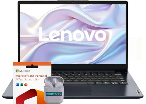 Lenovo IdeaPad - Computer portatile da 14, 4 GB di RAM, 128 GB eMMC, Intel Celeron N4020, Microsoft Office 365, Windows 11 S, auricolari SageNova, blu abisso