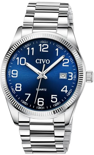 CIVO Leicht Lesbar Uhren Herren: Silber Edelstahl Analog Große Ziffern | Wasserdicht Quarz Herrenuhr mit Leuchtzeiger Datum - Alltagsuhr für den Business-Mann - Geschenk für Senioren mit Sehschwäche