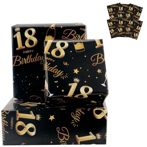 Geschenkpapier zum 18. Geburtstag, 70 x 50 cm, Schwarz und Gold, Happy Birthday Geschenkpapier, 18. Geburtstag, Geschenke Dekorationen für Jungen und Mädchen, recycelbar, 6 Bögen