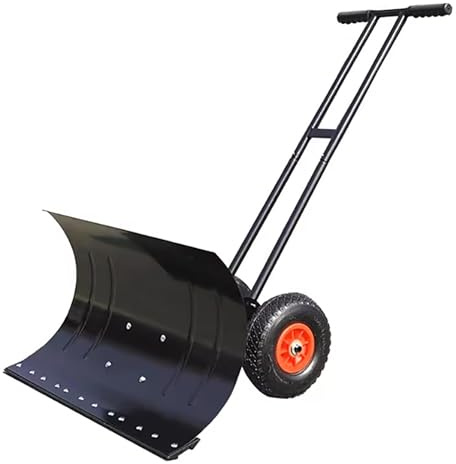 Schneeschieber mit Schubrad und rutschfesten rhombischen Reifen – höhenverstellbarer Griff, Robustes Eisen und Gummipflug(B(100-43cm))