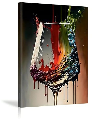 LIFKNVN Quadro su tela moderno astratto con bicchiere di vino, poster verticale con schizzi di liquido colorato, decorazione da parete per camera da letto (60x80 cm/senza cornice)