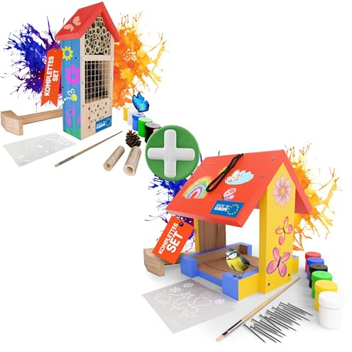 Eli® Insektenhotel + Futterhaus Bausatz für Kinder aus Kiefernholz DIY Set | zum Bemalen – inkl 6 Farben - Pinsel - Hammer - Schablonen & Vorlagen – DIY Bienenhaus & Wildbienenhotel für Garten & Balkon