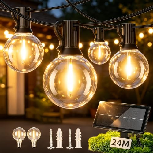 LaPitio Solar Lichterkette Outdoor LED 24M, Wasserdicht Bruchsichere | Lichterkette Außen Kunststoffbirne, Solar & USB Aufladung, 3 Lichtmodi für großer Garten, Hof, Terrasse, Außenfeier