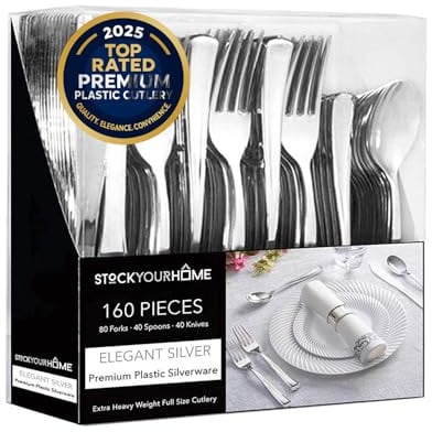 160 Pack Silver Plastic Cutlery Disposable Silverware - 80 Forks, 40 Knives, 40 Spoons - For Catering, Parties, Dinners, Weddings, and Everyday Use, Stock Your Home