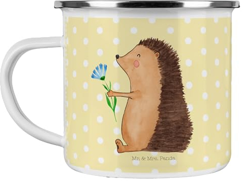 Mr. & Mrs. Panda Camping Emaille Tasse Igel Blumen - Geschenk, Emaille Becher, Genesungswünsche, Krankenhaus, Gute Laune, krank, Tiere,