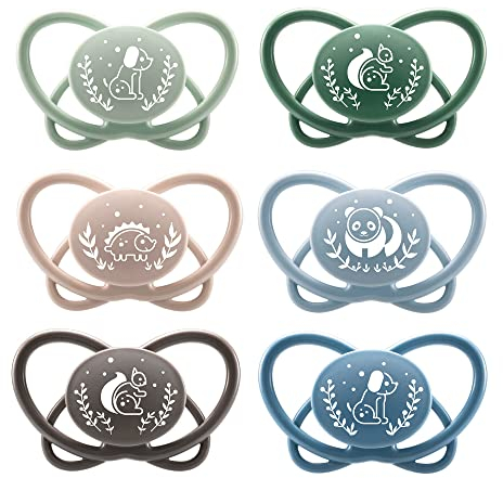 NIP Spar-Set Silikon Schnuller My Butterfly 6er Pack, Größe 2 (5-18 Monate) beige/blau/grün, Extra flaches und weiches Saugteil aus Silikon, Kiefergerecht und Stillfreundlich