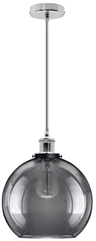 Industrial Vintage Grey Smoke Glass Globe Pendant Light Round Ceiling Lamp Shade Antique Chrome Holder M0097F