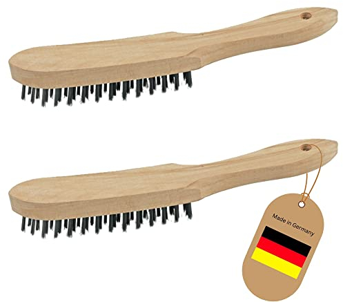 Novatool Juego de 2 cepillos de alambre de 2 filas, 27 cm de largo, con mango de madera, cepillos para pinzas de freno, cepillos de alambre para barbacoa, cepillos para rascar, cepillos de alambre de