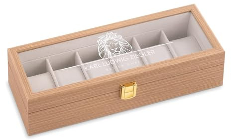 Maverton Uhrenbox mit Gravur für 6 Uhren - Uhrenschachtel Uhrenaufbewahrungsbox aus Holz - personalisiert - braun 31x11x8cm - Geschenk zum Geburtstag für Männer - Löwe