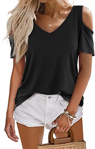 Beluring Damen Sommer T-Shirts Sexy V Ausschnitt Kurzarm Oberteile Tunika Schwarz M