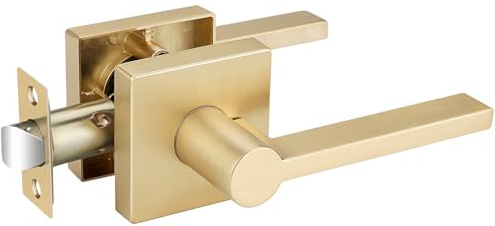 EHOMEWARE 1 Pack Passage Door Handles, Satin Brass Door Knobs Interior, Hallway Closet Door Levers Keyless Gold Door Handle, Heavy Duty Suqare Door Handle Set for Left or Right Handed Doors