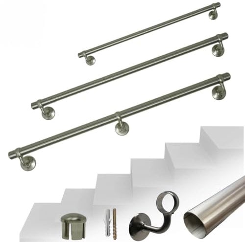 Parpyon® Corrimano a muro Scala Tubo passamano Acciaio Inox Prodotto 100% Italiano Fissaggio a parete Kit montaggio FACILE fai da te scale e balaustra (Acciaio Satinato, 200cm)