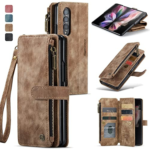 SeNool Coque Compatible avec Samsung Galaxy Z Fold 3 5G, Premium PU Portefeuille Étui Housse en Cuir [Fente pour Carte] [Stand Fonction], Étui à Rabat Magnétique pour Galaxy Z Fold 3 5G - Marron