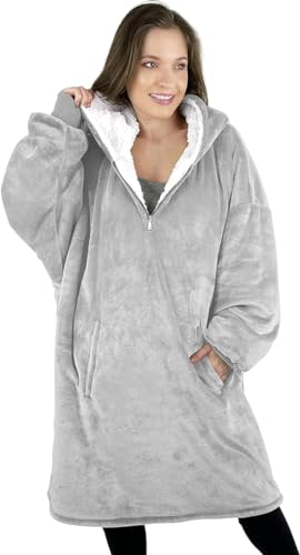 Oversized Hoodie Decke, Plüsch Flanell Decken Hoodie, Weicher und Warmer Decken Pullover, Übergroße Kuschel Pulli mit Reißverschluss, Oversized Hoodie Herren und Damen, Blanket Hoodie (Silber-Grau)
